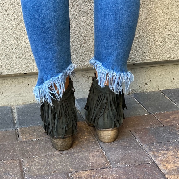 Olive Green Western Boho Braid Fringe Ankle Boots - Picture 13 of 13